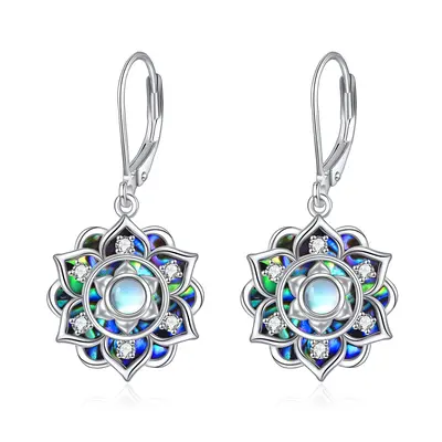 Sterling Silver Abalone Shellfish & Moonstone Lotus Lever-back Earrings