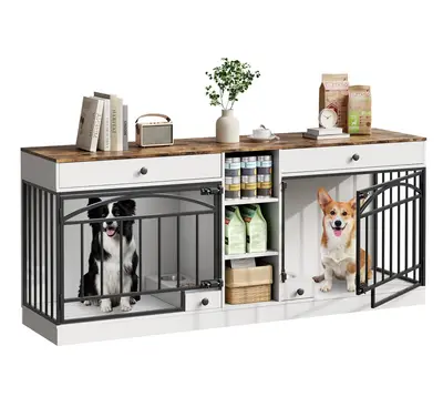 Garvee Dog Crate Furniture for 2 Dogs, 78.7 Large Dog Kennel Indoor with 2 Storage Drawers, 3 Shelves and Feeding Bowls, Dou...