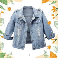Women Autumn 3/4 Sleeve Retro Short Denim Jackets Light Blue Jean Coats