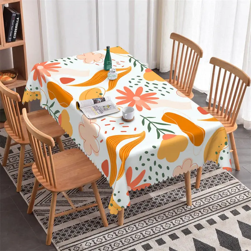 White Orange Floral Abstract Rectangle Tablecloth - Aperturee
