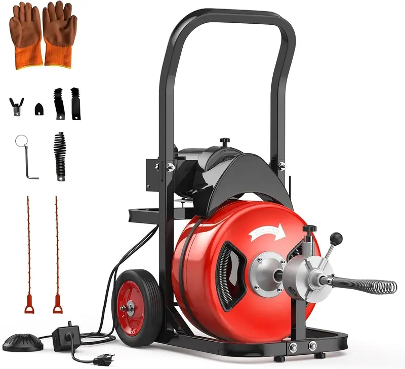 Garvee Powerful 100Ft x 3/4 Inch Electric Drain Cleaning Machine – 750W Auto-Feed Sewer Snake – 6 Cutter Heads – Air-Ac...