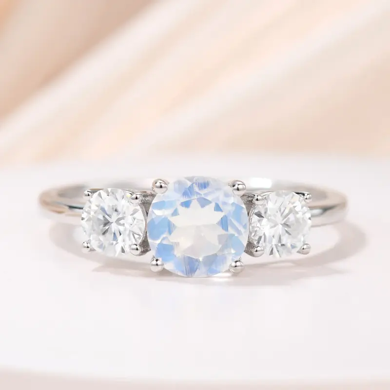 14K/18K Gold Moonstone And Moissanite Engagement Ring Three Stone