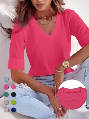 Plus Size Solid V Neck Roll Up Sleeve Tee, Casual T-shirt for Summer, Women's Plus Clothing for Daily Wear, Cute Tops,Ā Quali...