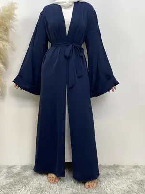 Women's Solid Belted Long Sleeve Abaya, Modest Casual Open Front Abaya for Daily Wear, Muslim Clothing for All Seasons