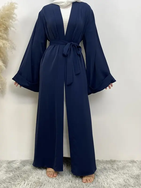 Women's Solid Belted Long Sleeve Abaya, Modest Casual Open Front Abaya for Daily Wear, Muslim Clothing for All Seasons