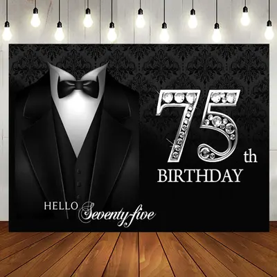 Black Suit Elegant Hello 75th Birthday Backdrop - Aperturee