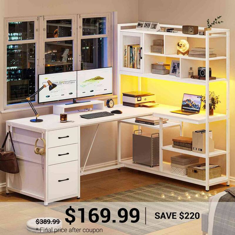 SEDETA 58 Inch L Shaped Computer Desk with Storage Shelves and LED Light for Home Office White Home Office Furniture