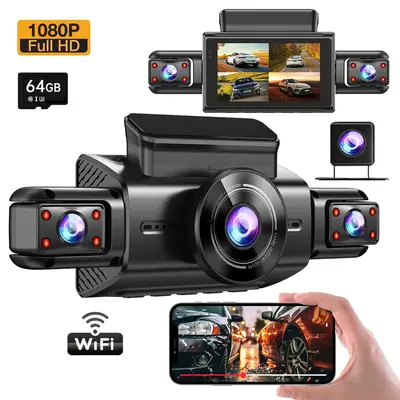 Wifi 4-Lens Car Dashcam with 64GB Memory Card, Car DVR 3.0 Inch Night View Car Recorder, 1080P Car Camera, 1 Set 360° Swiv...