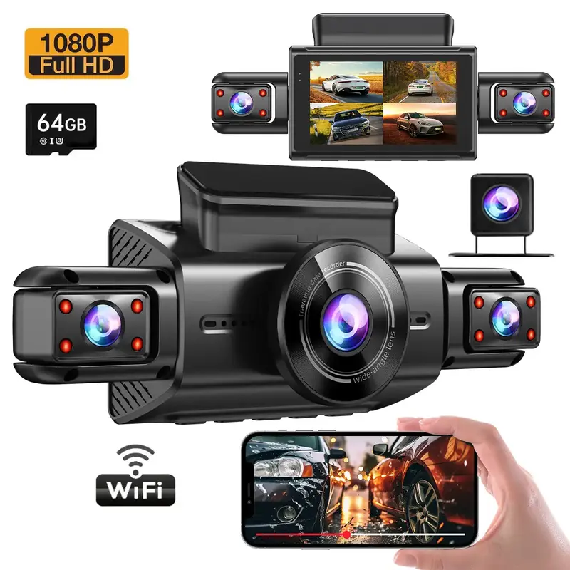 Wifi 4-Lens Car Dashcam with 64GB Memory Card, Car DVR 3.0 Inch Night View Car Recorder, 1080P  Car Camera, 1 Set 360° Swiv...