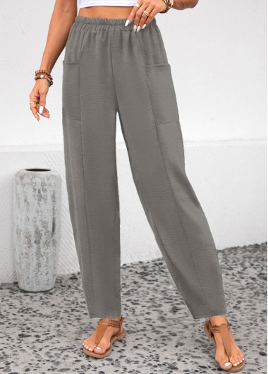Modlily Light Grey Pocket Elastic Waist High Waisted Pants - L