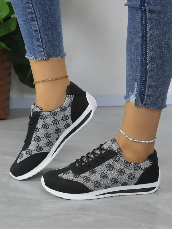 Women's Fashionable Floral Pattern Lace Up Low Top Sneakers, Casual Comfortable Breathable Sports Shoes, Female All-match Rou...