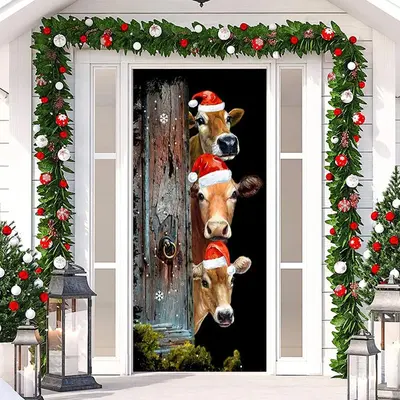 Wooden Board Cow Xmas Hat Black Christmas Door Cover - Aperturee