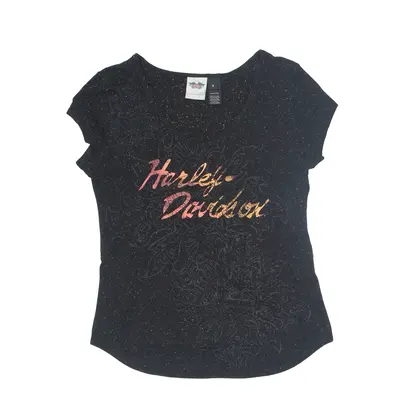HARLEY DAVIDSON Paint Speckles Biker USA T-Shirt Black Short Sleeve Womens S