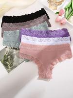 Women's 6pcs Plain Contrast Lace Panty, Soft Comfy Breathable Knickers Panty for Daily Wear, Fall Underwear for Women, Fall C...