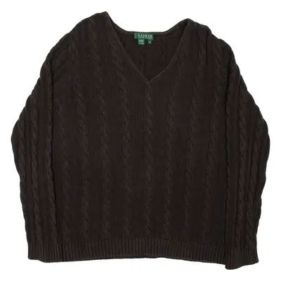 LAUREN RALPH LAUREN Womens Jumper Brown V-Neck Cable Knit XL
