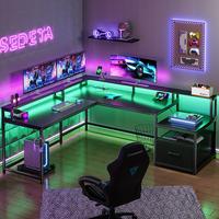SEDETA 66-inch LED L Shaped Gaming Desk with Storage，Large Computer Gaming PC Desk, Writing Table Study Desk for Bedroom, S...
