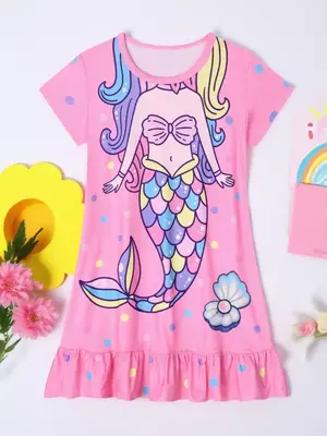 Girl's Cartoon Mermaid & Colorful Polka Dot Print Ruffle Hem Nightdress, Cute Casual Soft Comfortable Short Sleeve Round Neck...