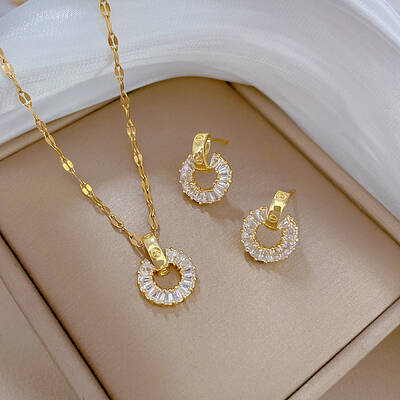 Brass Micro Pave Cubic Zirconia Pendant Necklace & Stud Earrings