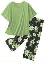 【Plus Size】 Floral Print Tee & Capri Pants Shortsleeve Loungewear Set, Casual Comfy V Neck Short Sleeve T-shirt & Pants P...