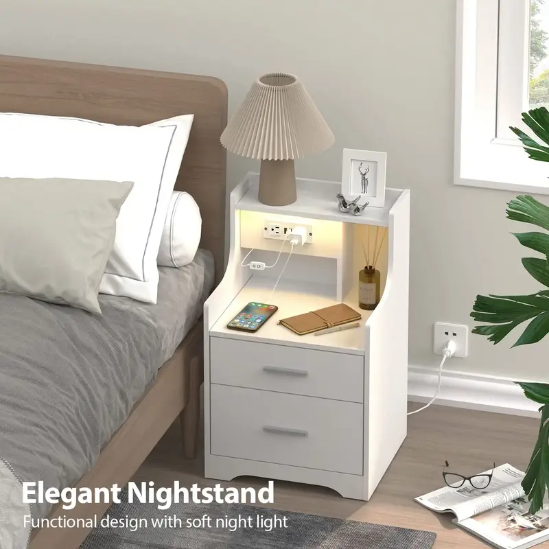 Vabches Nightstand with Charging Station & LED Lights, White Nightstand with 2 Drawers and Open Storage, Bed Side Table Night...