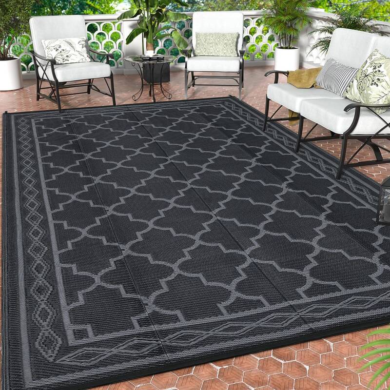 Garvee Outdoor Black Grey 10x14 Rug, Waterproof Reversible Plastic Straw Mat Modern Geometric Trellis UV-Resistant Portable C...