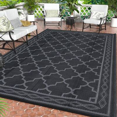 Garvee Outdoor Black Grey 10x14 Rug, Waterproof Reversible Plastic Straw Mat Modern Geometric Trellis UV-Resistant Portable C...