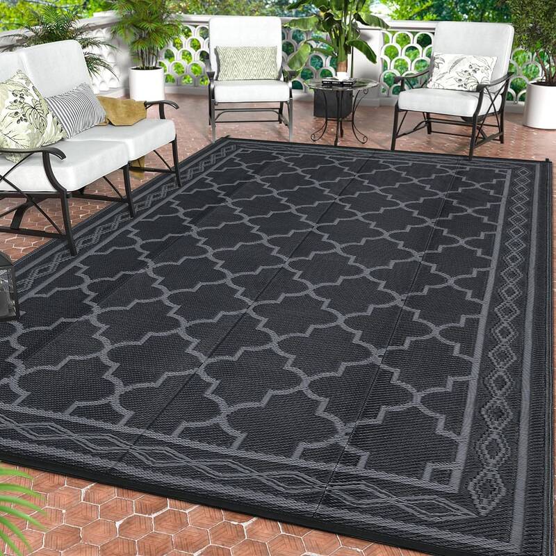 Garvee Outdoor Black Grey 10x14 Rug, Waterproof Reversible Plastic Straw Mat Modern Geometric Trellis UV-Resistant Portable C...