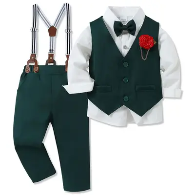 Toddler Boy Clothes Suit Formal Dress Shirt+Bowtie+Vest+Boutonniere+Suspender Pants Boys Gentleman Outfits Set suspender pant