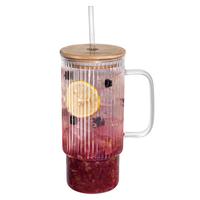 32oz Ribbed Glass Cup with Handle Bamboo Lid and Straw, Glass Tumbler, Iced Coffee Cups Hot/Cold Drinks