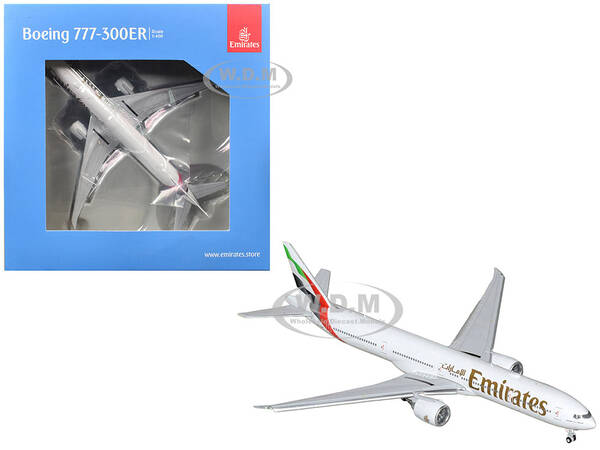 Boeing 777-300ER Commercial Aircraft with Flaps Down Emirates Airlines (A6-EQH) White with Striped Tail 1/400 Diecast Model...