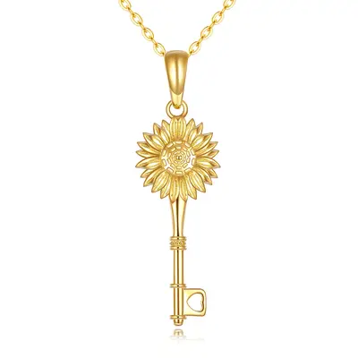 14K Gold Sunflower & Key Pendant Necklace