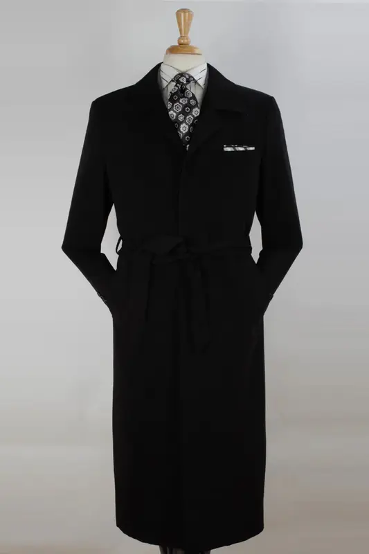 Very Dark Grey Almost Black Wool Overcoat for Men - Full Length & Belted