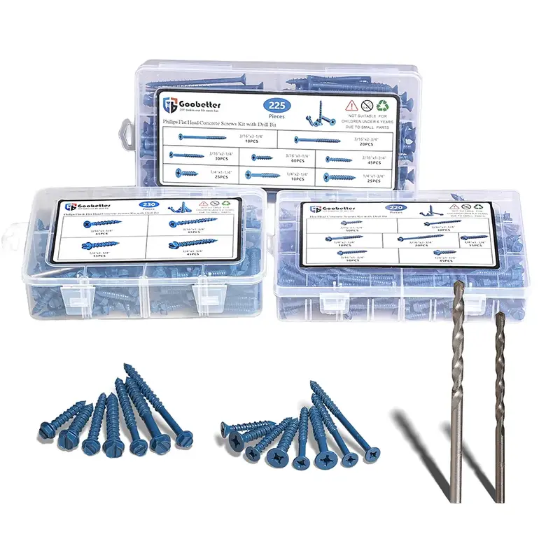 Concrete Screws with Drill Bit, 230Pcs Concrete Screws 1/4 3/16 Assortment Kit, Flat & Hex Head Masonry Block Brick Cement Sc...
