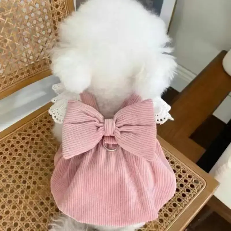 Bow Decor Corduroy Lace Pet Dress, Cute Dog & Cat Clothing, Pet Costume for Party, Daily Wear