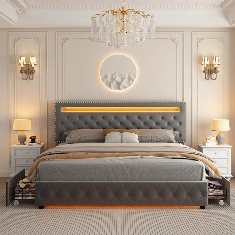 Modern Upholstered Full Size Bed Frame with Adjustable LED Headboard, 4 Storage Drawers, Strong Wood Slats, No Box Spring Nee...