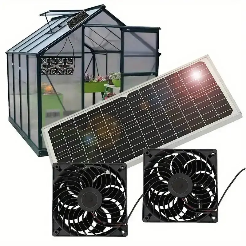 Mother's Day Gift, Solar Powered Dual Weatherproof Fan, 2 Counts/set Fan with 1 Solar Panel for Chicken Coop/Greenhouse/Shed/...