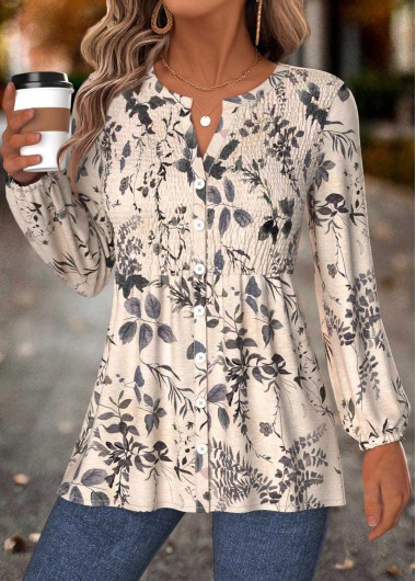 Modlily Beige Peplum Leaf Print Long Sleeve Split Neck Blouse - XL