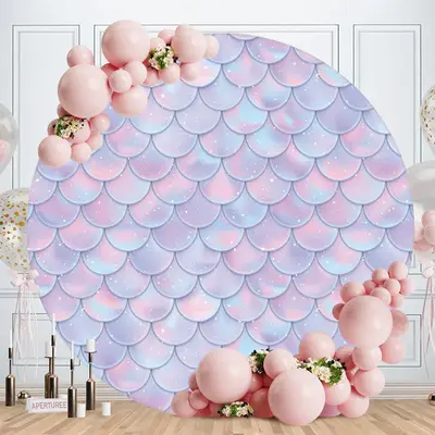 Aperturee Pink Purple Mermaid Round Birthday Party Backdrop
