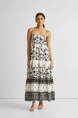 Strappy Tiered Maxi Dress in Florals | Color: Vines and Twirls Black | Size: 2XL
