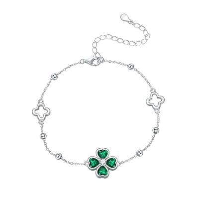 Sterling Silver Crystal Four Leaf Clover Charm Bracelet