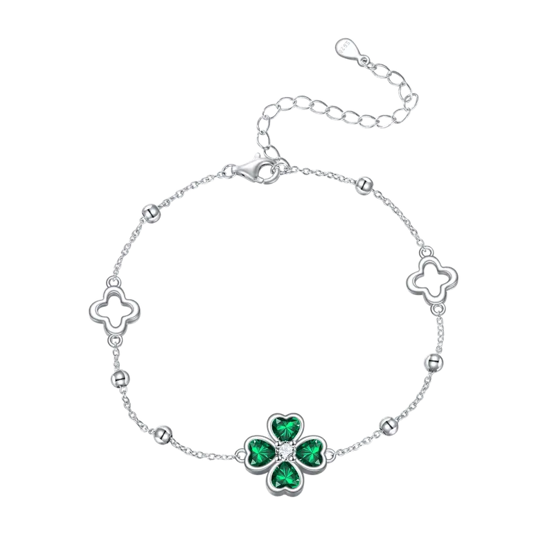 Sterling Silver Crystal Four Leaf Clover Charm Bracelet