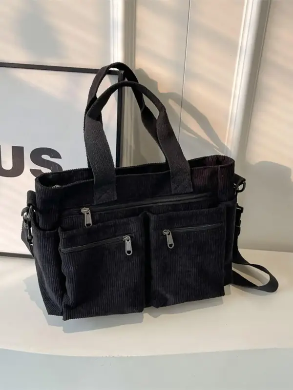 Women's Solid Color Zipper Tote Bag, Large Capacity Multi-pocket Portable Shoulder Bag, Casual Trendy Versatile High-quality ...