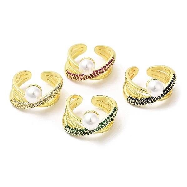 Cubic Zirconia Criss Cross Open Cuff Ring with Plastic Pearl Beaded