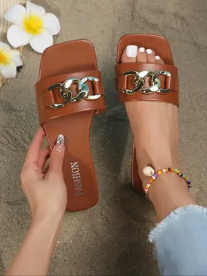 Women's Fashion Chain Design Slide Sandals, Summer 2024 Beach Vacation Square Toe Sandals for Women & Girls, Vintage Trend Sl...