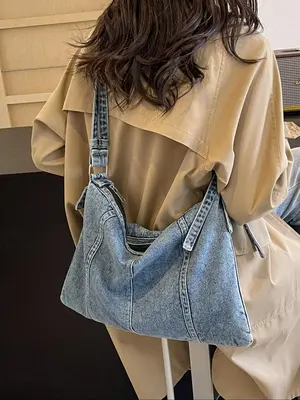 Women's Casual Plain Zipper Crossbody Bag, 2025 New Style Vintage Trendy Large Capacity Denim Shoulder Bag, for Working, Dati...