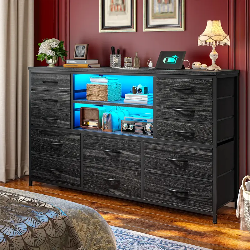 RaybeeFurniture 10-12 Drawer Fabric Dresser for Bedroom, Modern Wood Dresser Organization with LED Lights & Charging Station,...