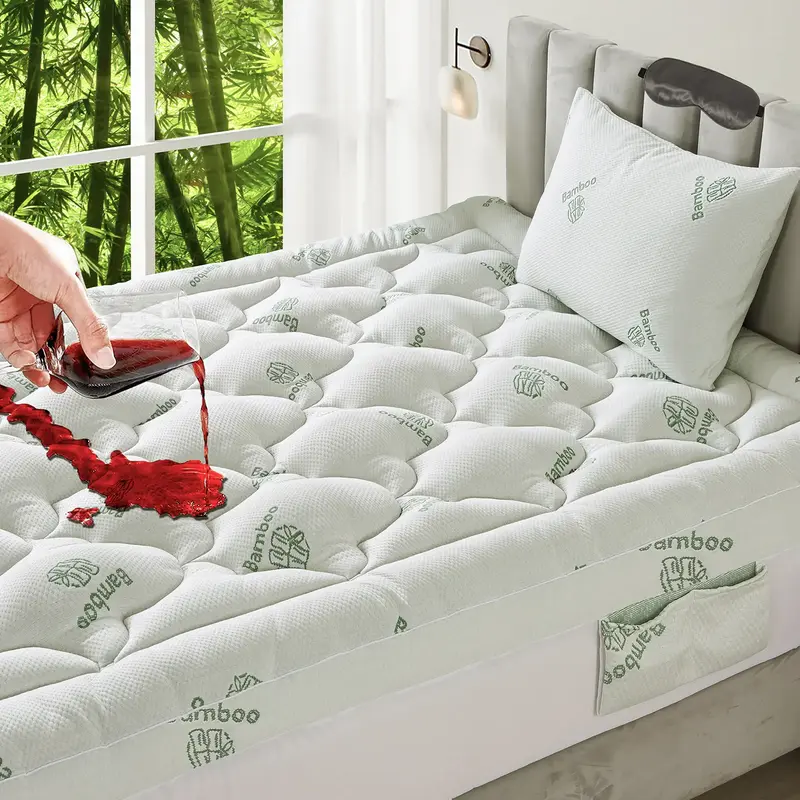 OBOEY Bamboo mattress topper cloud shape mattress cover with 1 pillowcase and 1 eye-mask, 1000GSM, featuring a side pocket de...