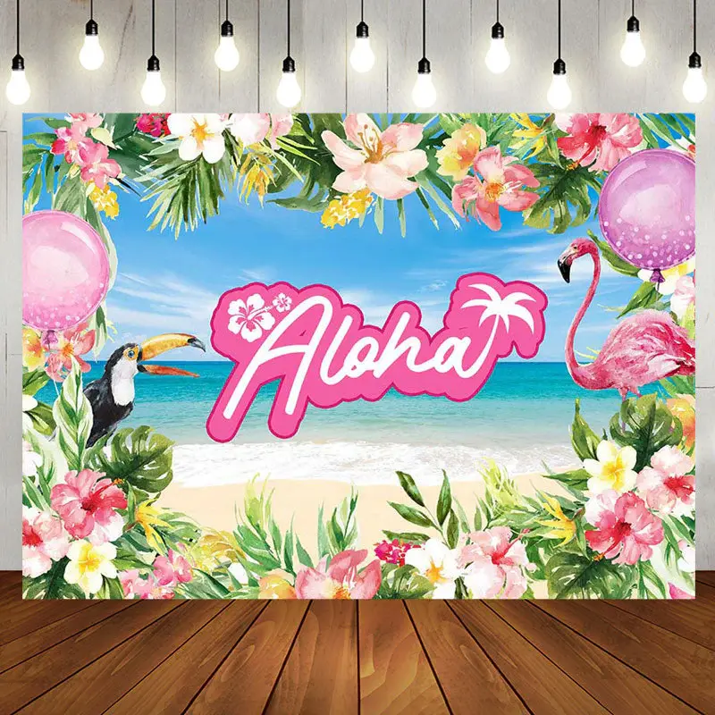 Pink Floral Monstera Sand Beach Baby Shower Backdrop - Aperturee