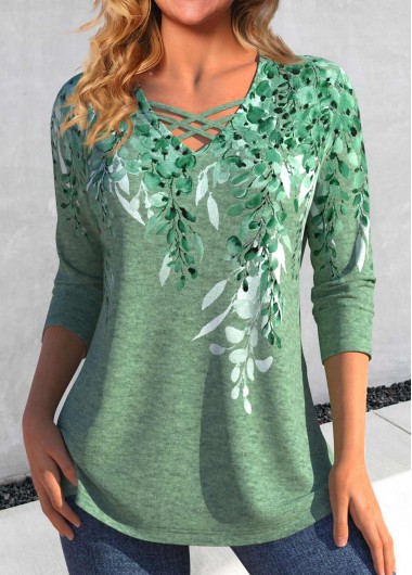 Modlily Green Criss Cross Plants Print T Shirt - XXL