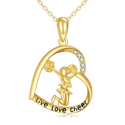 14K Gold Round Cubic Zirconia Dancing Girl & Heart Pendant Necklace